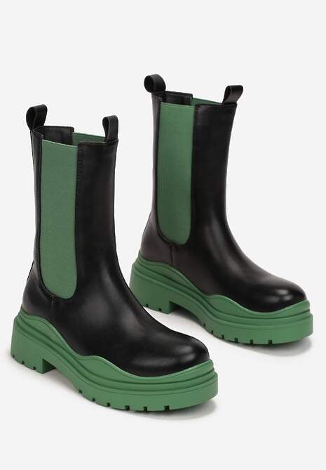 Czarno-Zielone Botki Sztyblety z Kolorowymi Wstawkami i Podeszwą Balke