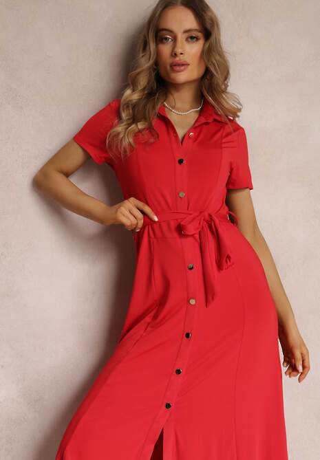 Czerwona Sukienka Koszulowa z Wiązanym Paskiem Asheila