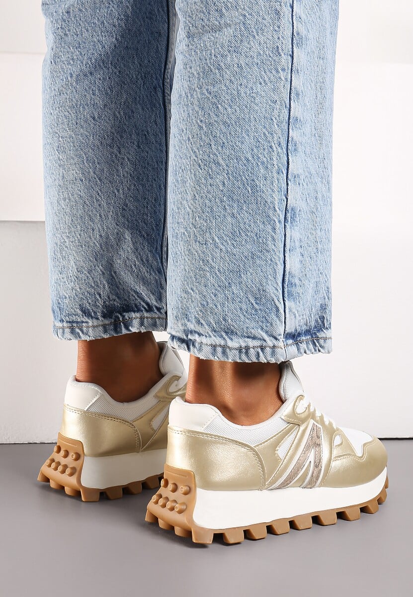 Złote Sneakersy na Ozdobnej Platfromie z Wiązaniem Nemoon