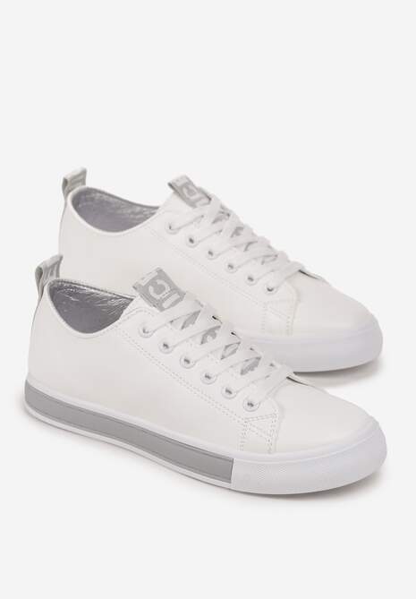 Biało-Szare Sznurowane Tenisówki na Ozdobnej Podeszwie z Taśmą z Napisami na Języku Majara