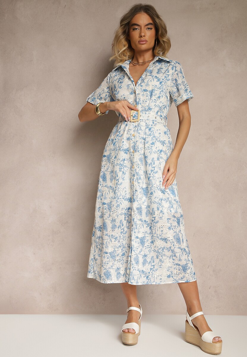 Jasnoniebieska Koszulowa Sukienka Zdobiona Haftem i Paskiem z Klamrą Redisina