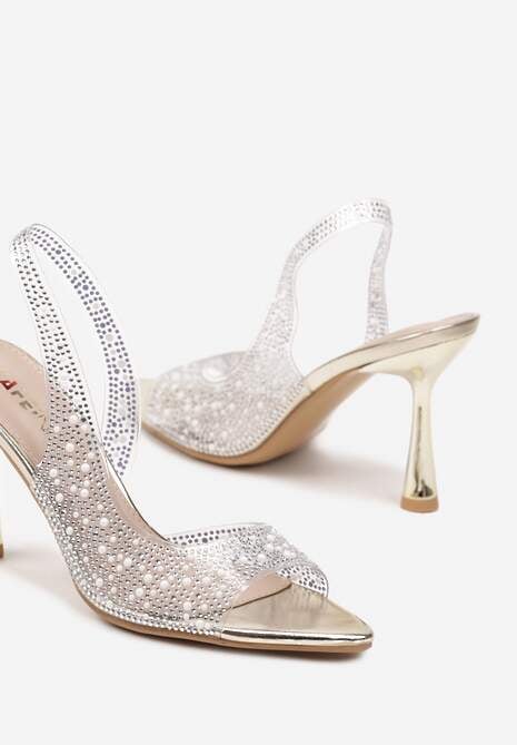 Złote Sandały Szpilki z Odkrytą Piętą i Noskiem z Cyrkoniami Efaliana