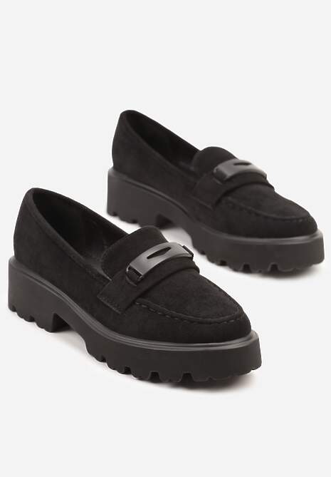 Czarne Mokasyny na Grubej Podeszwie z Cholewką z Przeszyciami Hamaira