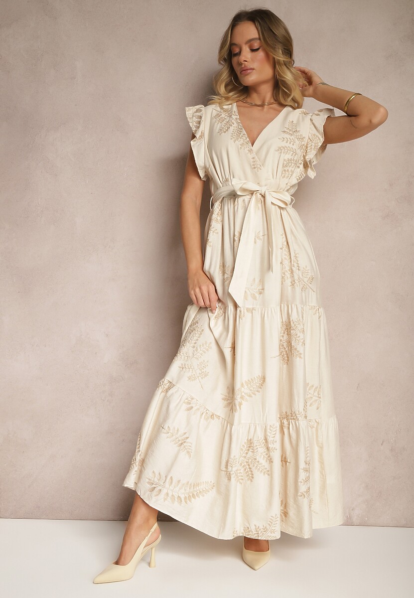 Beżowa Sukienka z Wiskozy z Ozdobnym Haftem i Metaliczną Nicią Grelvesa