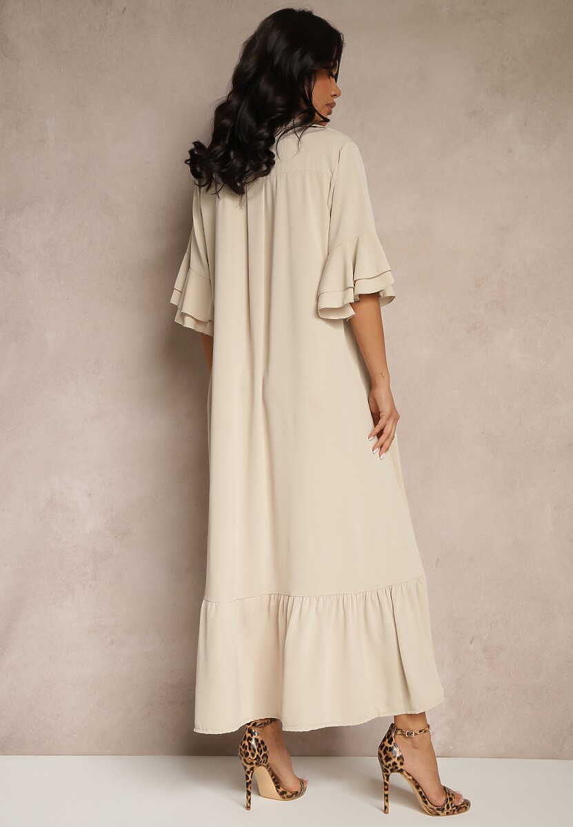 Beżowa Koszulowa Sukienka Ozdobiona Falbanką Ransara