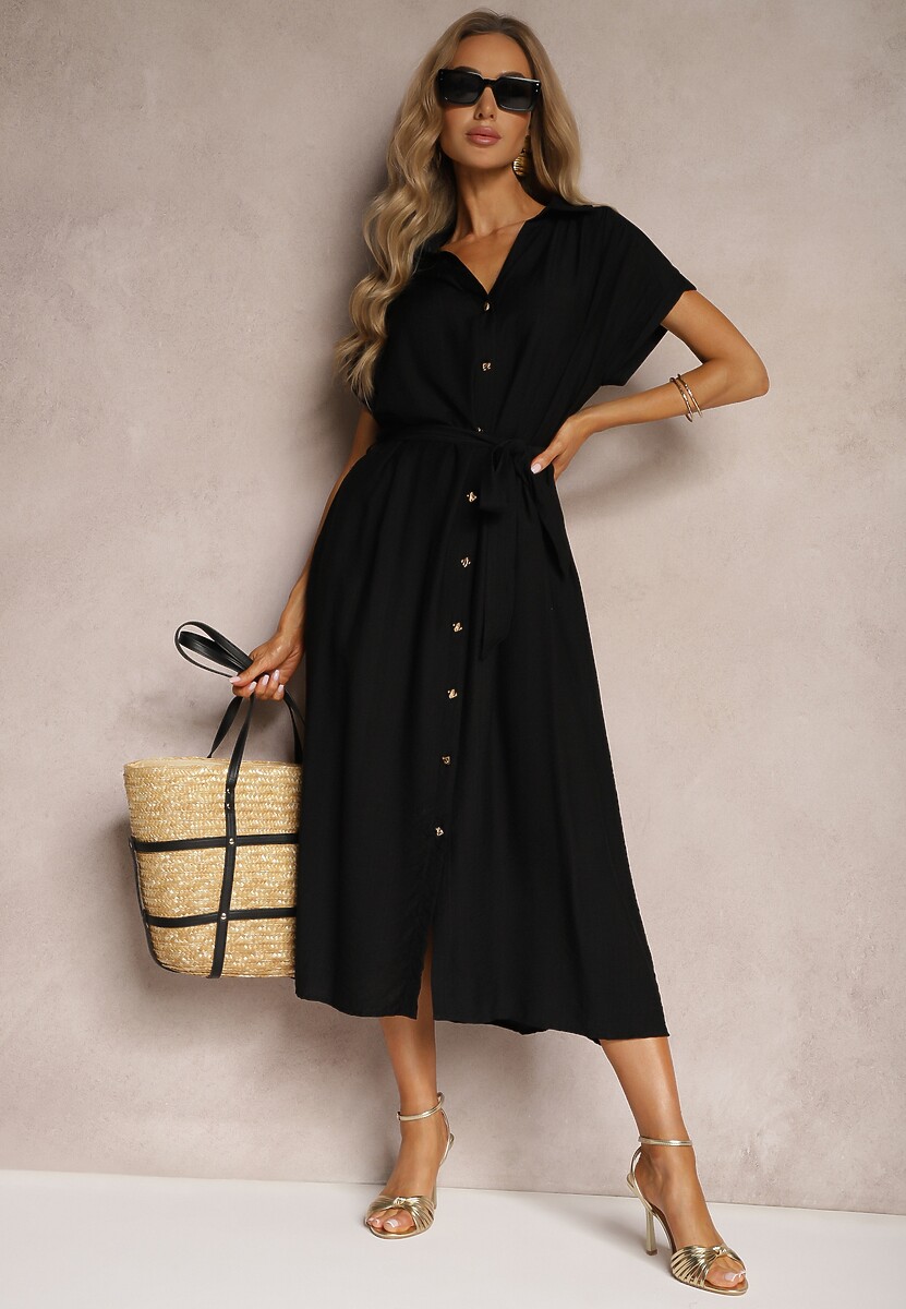 Czarna Rozkloszowana Sukienka o Koszulowym Kroju Ozdobiona Paskiem w Talii i Guzikami Rosofia