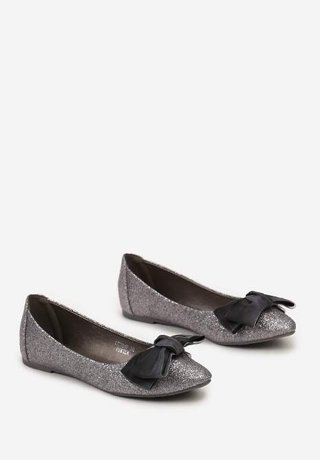 Ciemnoszare Brokatowe Balerinki na Płaskim Obcasie z Ozdobną Kokardką Jenicce
