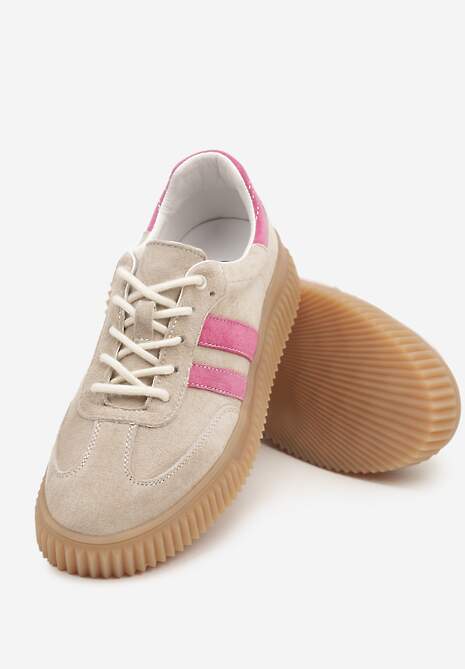 Beżowo-Fuksjowe Zamszowe Sneakersy Tenisówki z Wkładką ze Skóry Naturalnej Ozdobione Tłoczeniem Meluella