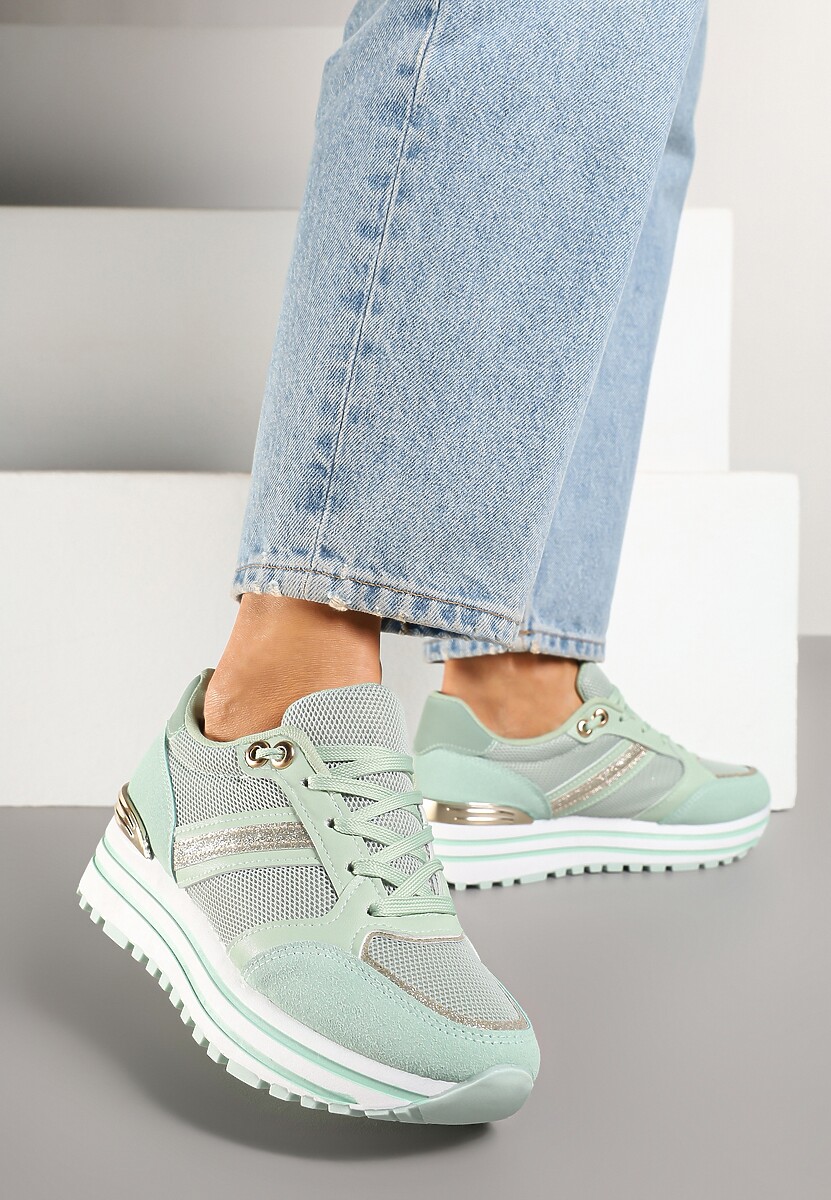 Jasnozielone Sneakersy na Niskiej Platformie z Brokatem i Metaliczną Wstawką Fennena
