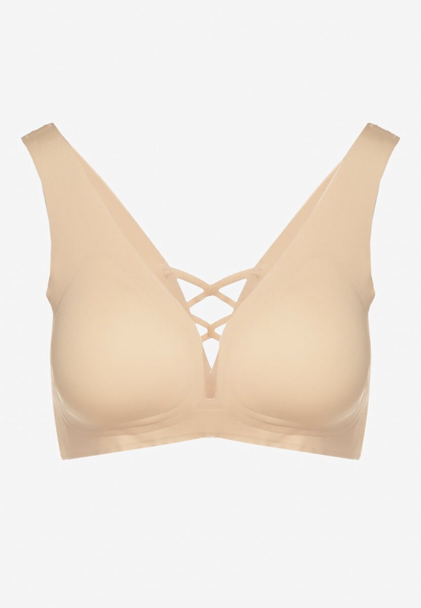 Beżowy Sportowy Biustonosz Zdobiony Siateczką i Gorsetową Aplikacją Salinalla