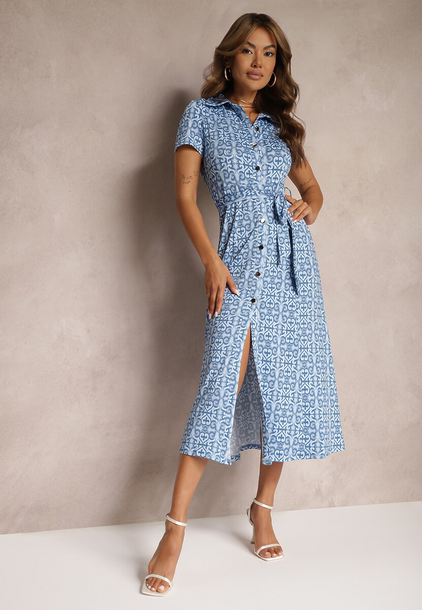 Beżowa Rozkloszowana Sukienka o Koszulowym Kroju z Guzikami i Materiałowym Paskiem w Talii Lranea