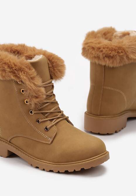 Brązowe Ocieplone Botki Trapery z Futerkiem Wokół Cholewki Atuval