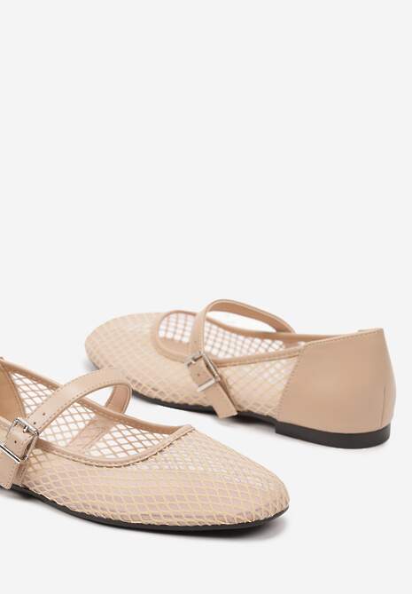 Beżowe Siateczkowe Balerinki w Stylu Mary Jane Millexia
