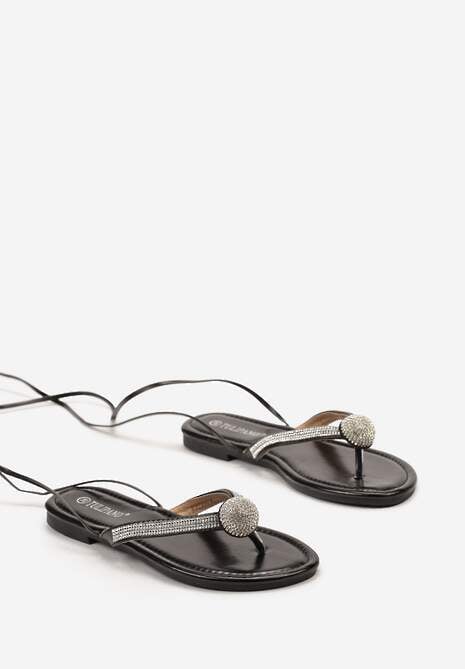 Czarne Sandały w Stylu Japonek Wiązane wokół Łydki Ozdobione Cyrkoniami Lebavie