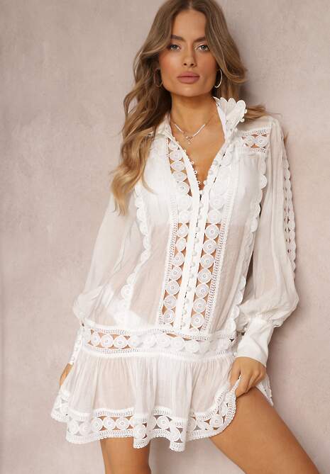 Biała Koronkowa Tunika Pudełkowa z Falbaną Nawal