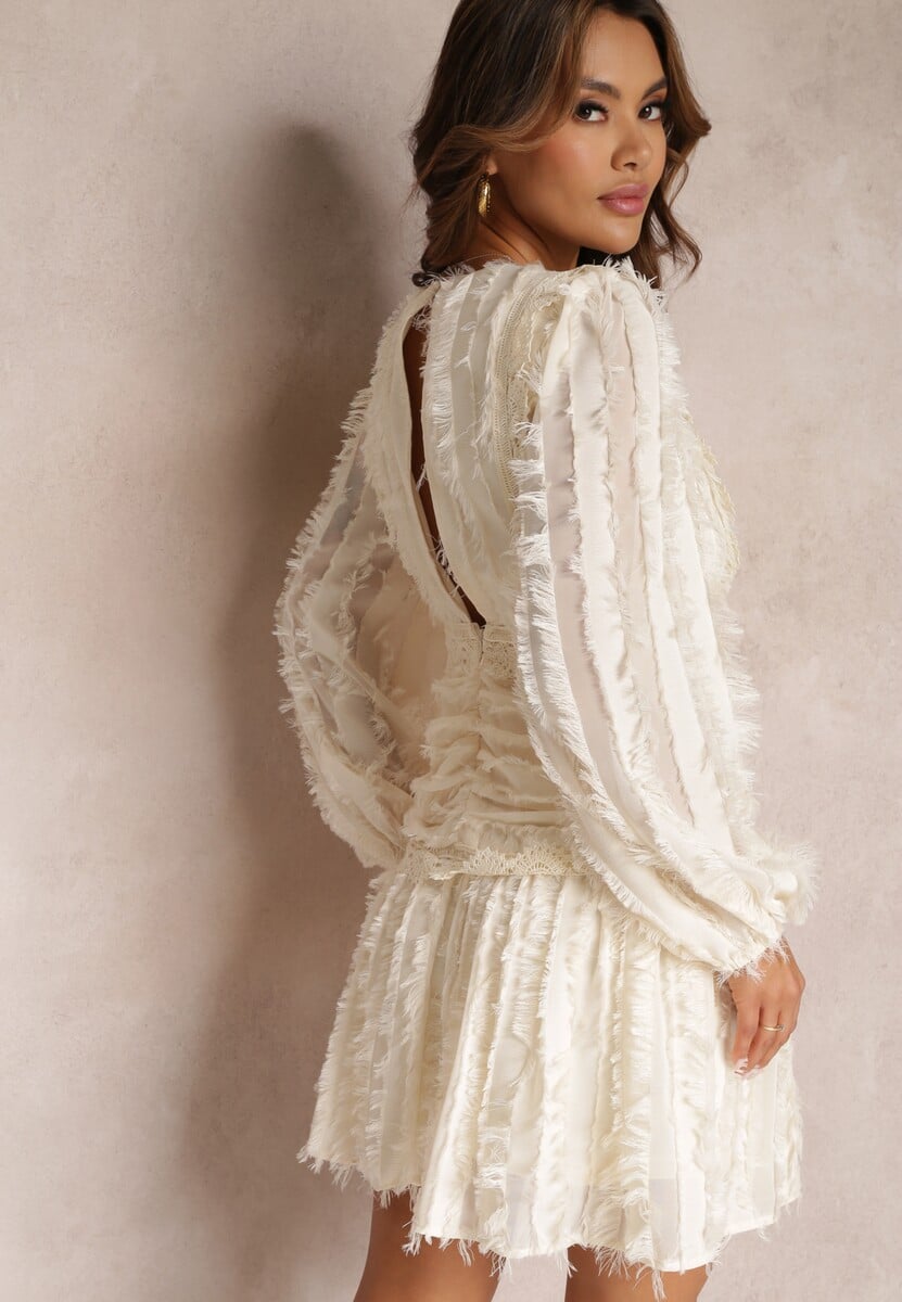Beżowa Sukienka Rozkloszowana z Wystrzępieniem i Koronką Avela