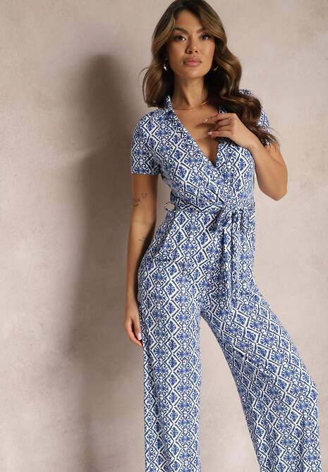 Granatowy Mozaikowy Kombinezon z Trójkątnym Dekoltem i Prostymi Nogawkami Nisseria