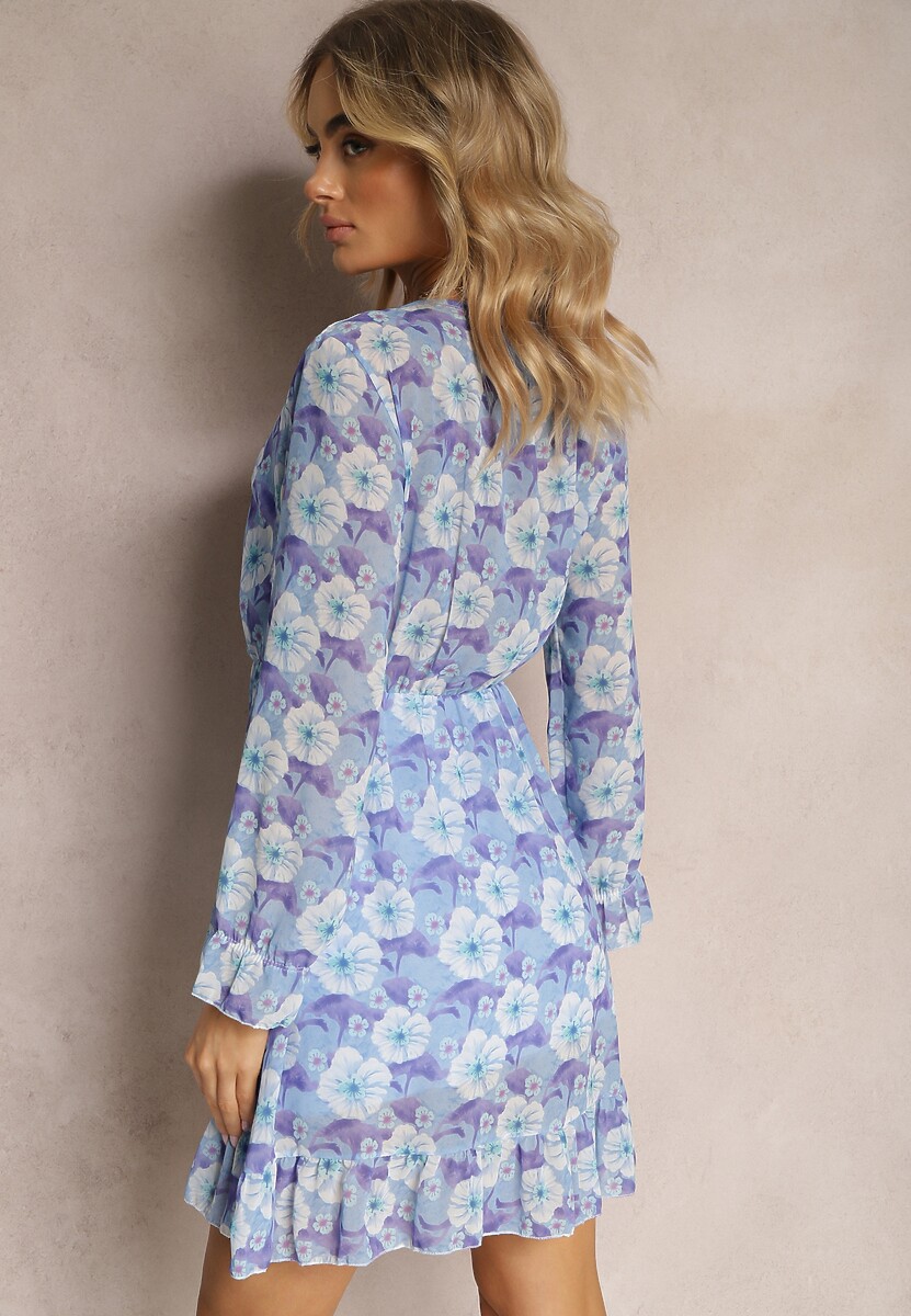 Niebieska Krótka Sukienka w Kwiatowy Wzór z Dekoltem V Icarba