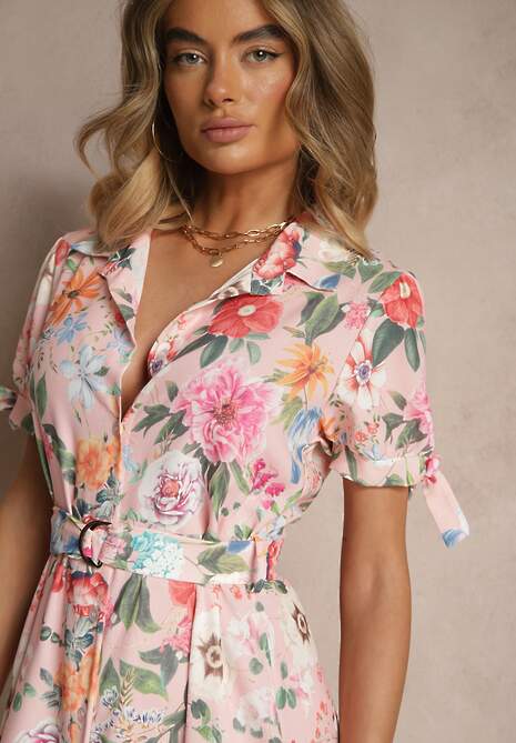 Różowa Koszulowa Sukienka w Kwiaty o Rozkloszowanym Fasonie z Paskiem Fevalirra
