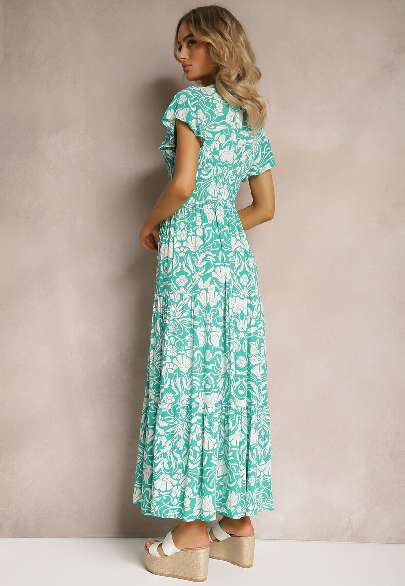 Miętowa Maxi Sukienka Rozkloszowana z Kopertowym Dekoltem w Kwiatowy Wzór Leivori