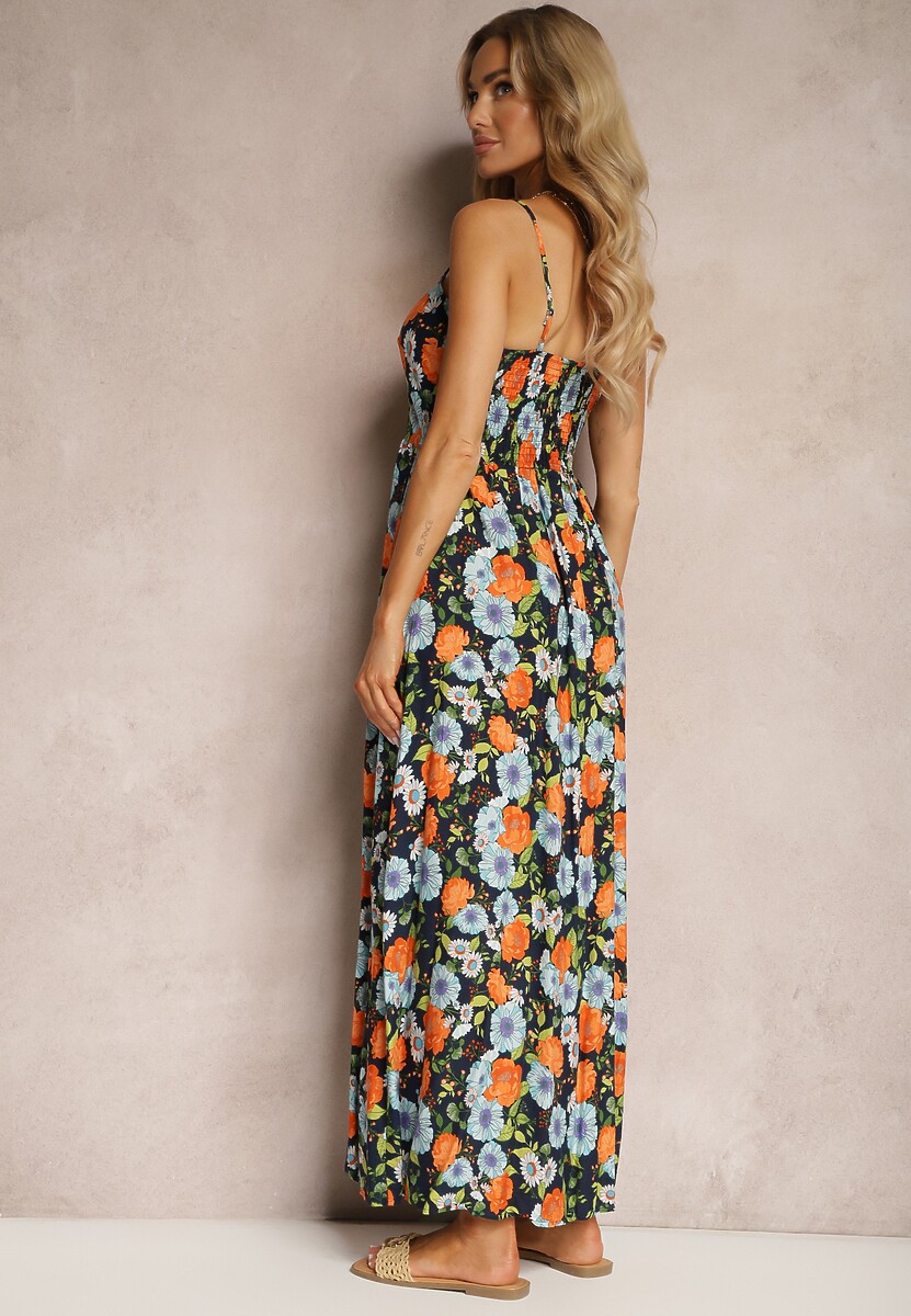 Granatowo-Niebieska  Wiskozowa Sukienka w Kwiaty z Gumką w Pasie i Regulowanymi Ramiączkami Ostialia