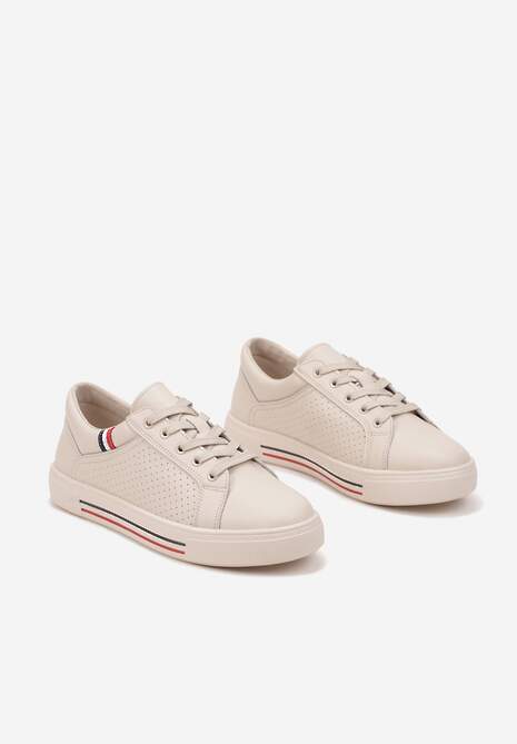 Beżowe Skórzane Sneakersy na Płaskiej Podeszwie ze Skórzaną Wkładką i Perforacją Galiwa