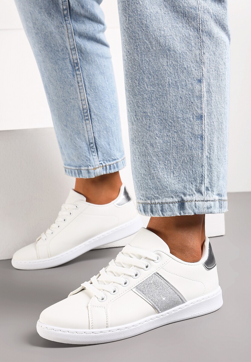 Biało-Srebrne Sneakersy Sznurowane Ozdobione Brokatem Vistasta