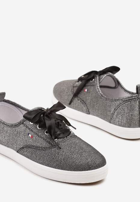 Czarne Tenisówki Brokatowe z Ozdobnymi Sznurowadłami Palmena