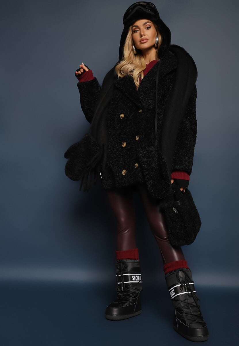 Czarna Dwurzędowa Kurtka Futerkowy Płaszcz z Dodatkowymi Rękawiczkami Hetirra