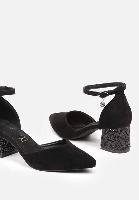 Czarne Czółenka Vices na Słupku ze Skórzaną Wkładką i Brokatowym Obcasem Lilria