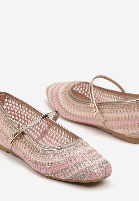 Różowo-Złote Balerinki Mary Jane Ozdobione Metaliczną Nicią Ilimalla