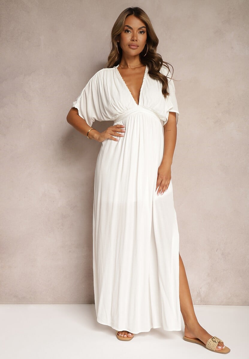 Biała Rozkloszowana Sukienka Maxi z Gumką w Talii z Lnu i Wiskozy Jackina