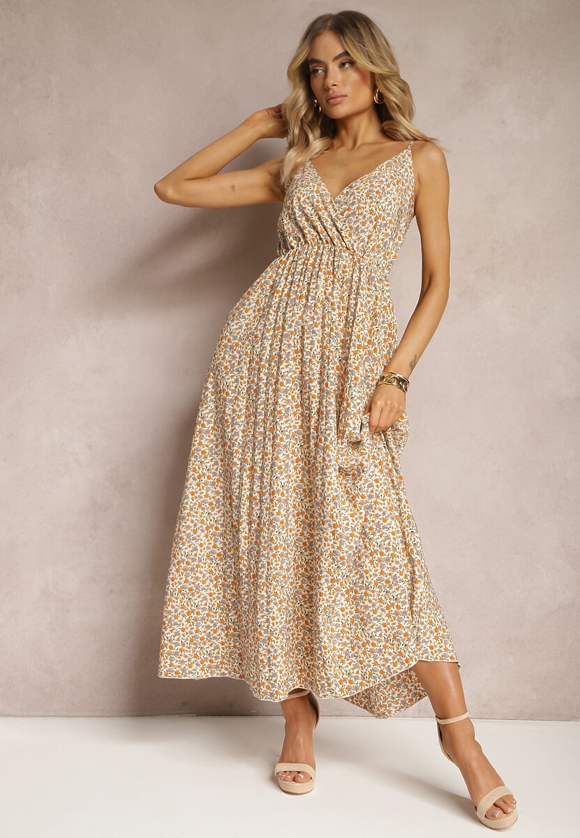 Jasnobeżowa Sukienka na Ramiączkach z Kopertowym Dekoltem z Plisowaniem i Letnim Wzorem Rysenna