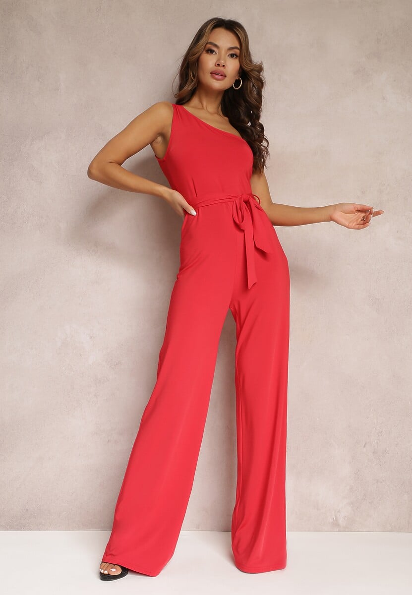 Czerwony Asymetryczny Kombinezon z Szerokimi Nogawkami i Materiałowym Paskiem Atara