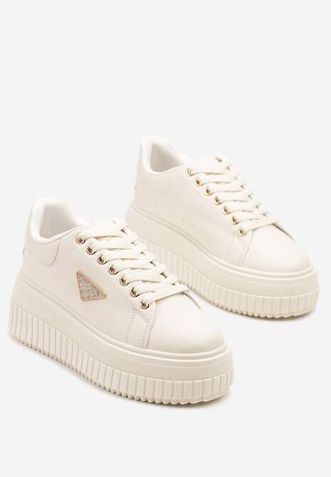 Beżowe Sneakersy na Tłoczonej Platformie Zdobione Metaliczną Aplikacją Fidania