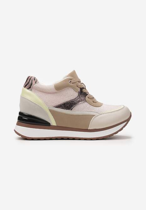 Beżowe Sneakersy na Ukrytym Niewysokim Koturnie z Brokatem Fioralan