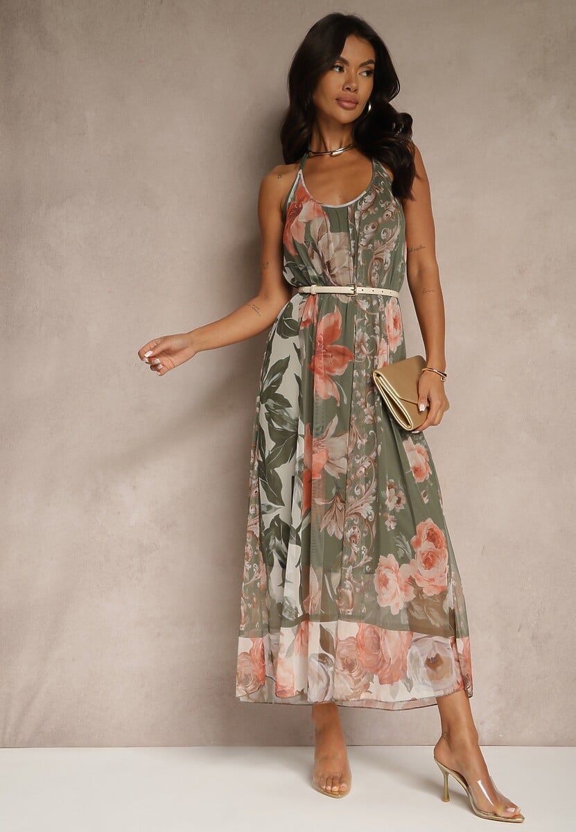 Ciemnozielona Kwiatowa Sukienka Siateczkowa z Wiskozą Izurelia