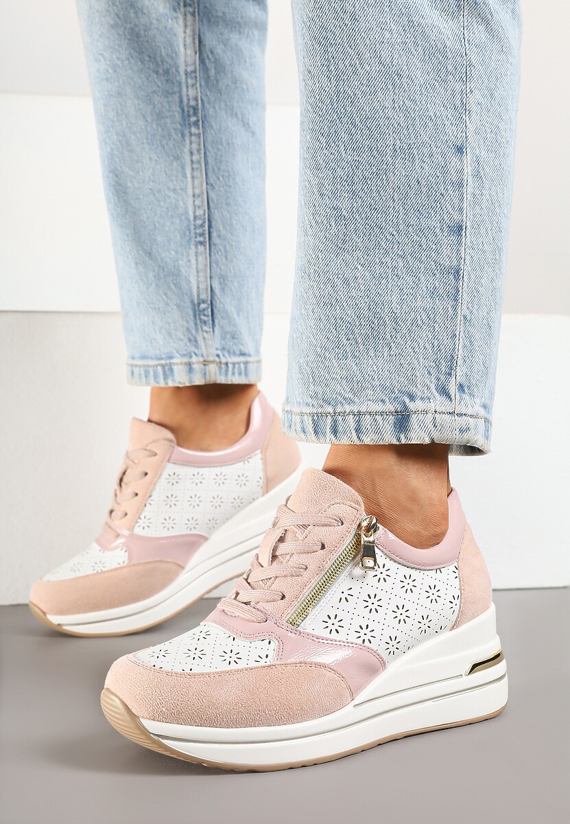 Różowe Sneakersy z Ażurową Perforacją Suwakiem i Ukrytym Koturnem Pelaria