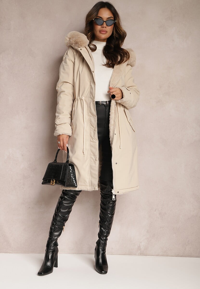 Jasnobeżowa Kurtka za Kolano ze Ściągaczem i Kapturem Elinda