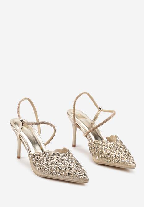 Złote Sandały na Szpilce Slingback z Cyrkoniami Dimte