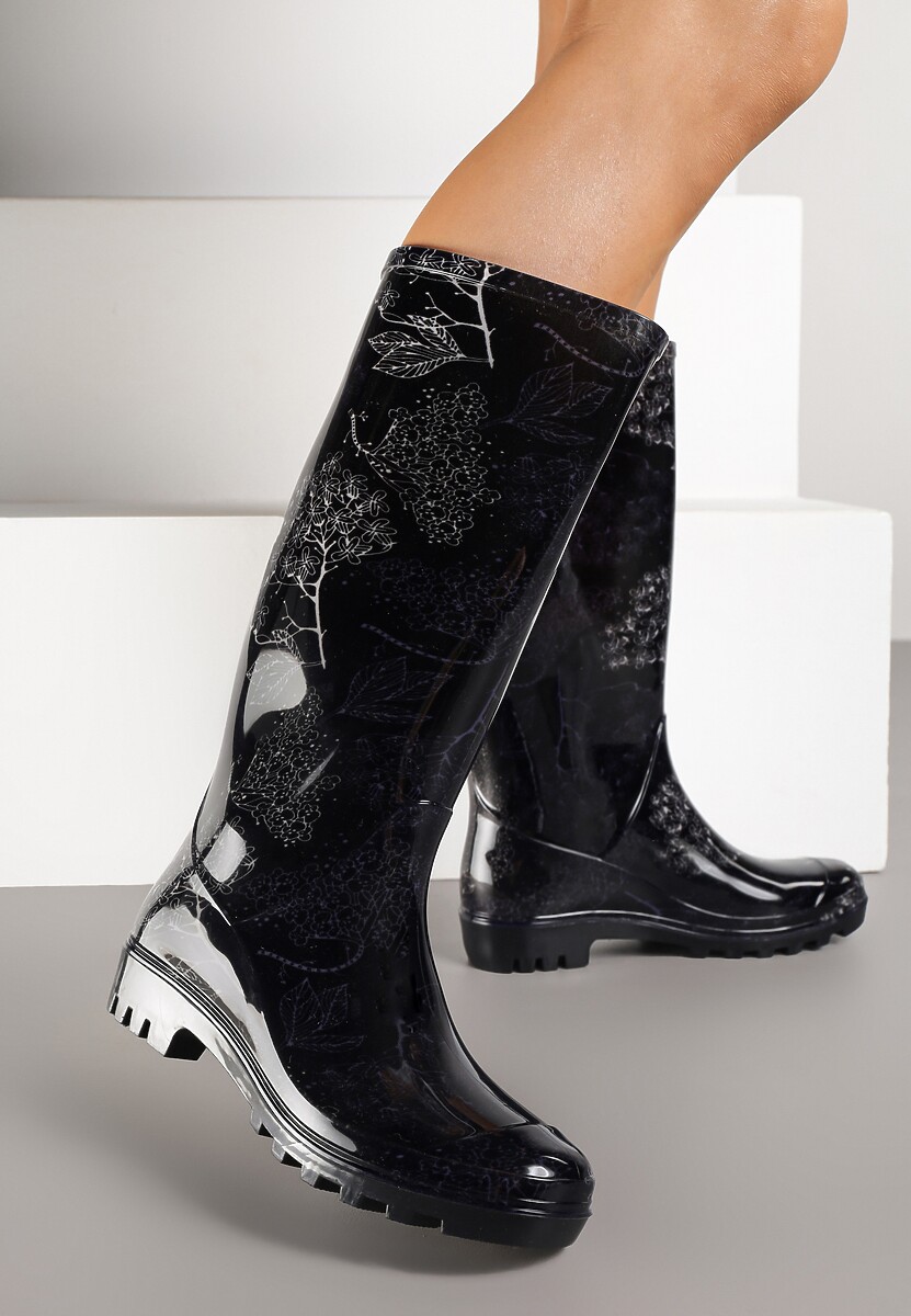 Czarne Kalosze o Klasycznym Fasonie z Motywem Roślinnym Talvanne