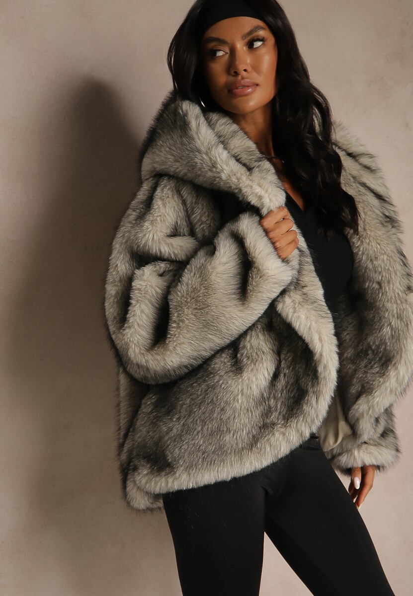 Szara Oversizowa Kurtka Futerko z Kapturem Venelle