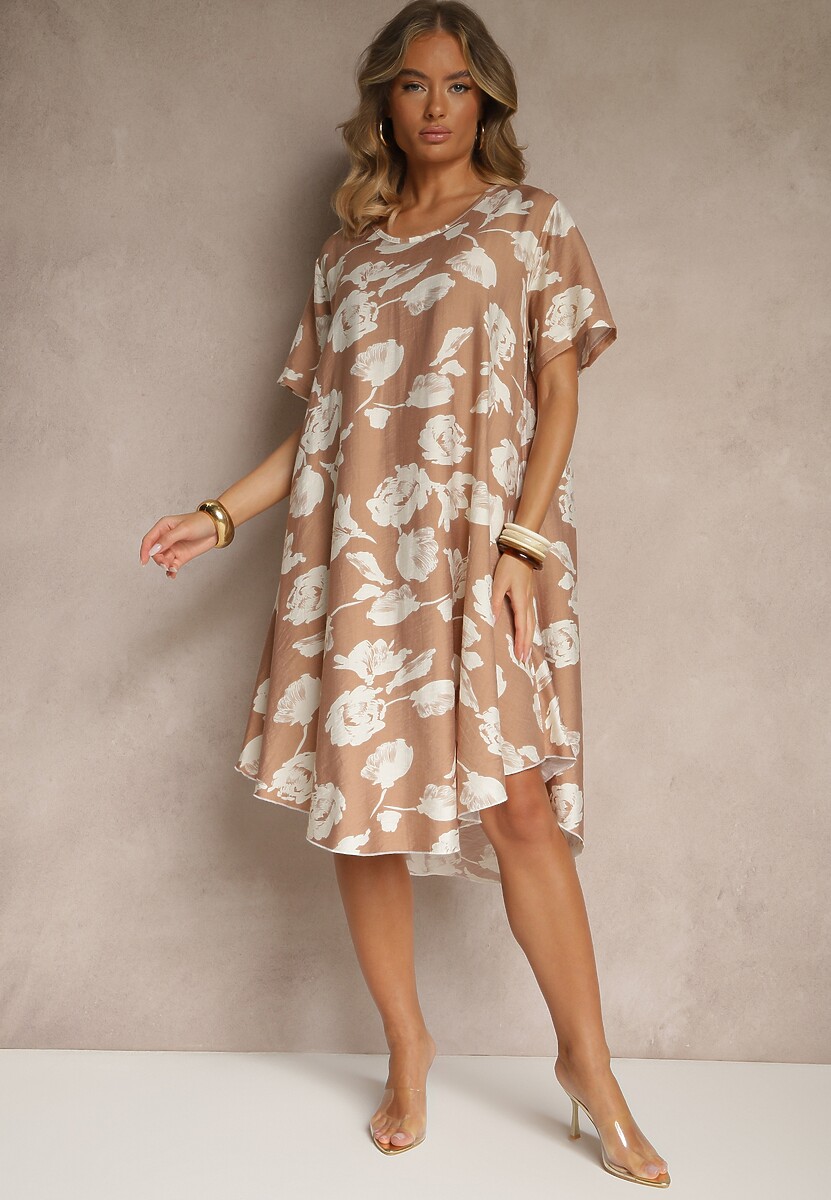 Ciemnobeżowa Sukienka Pudełkowa z Wiskozy w Kwiaty Aranolia
