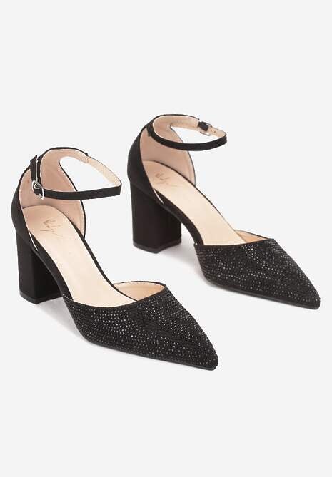 Czarne Brokatowe Czółenka na Słupku z Cyrkoniami Zannin