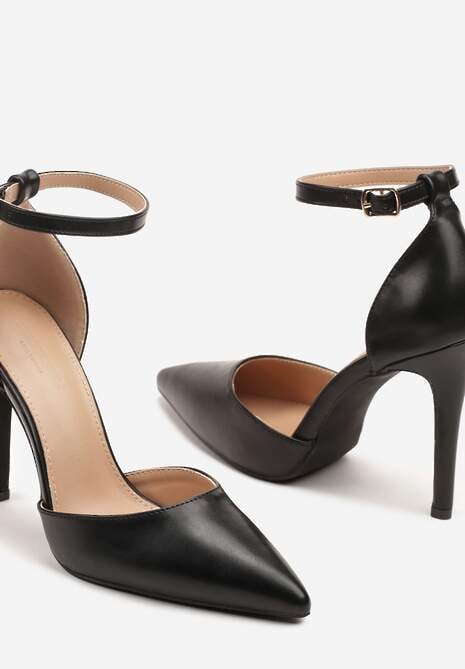 Czarne Szpilki z Noskiem w Szpic i Paskiem przy Kostce Elarimea