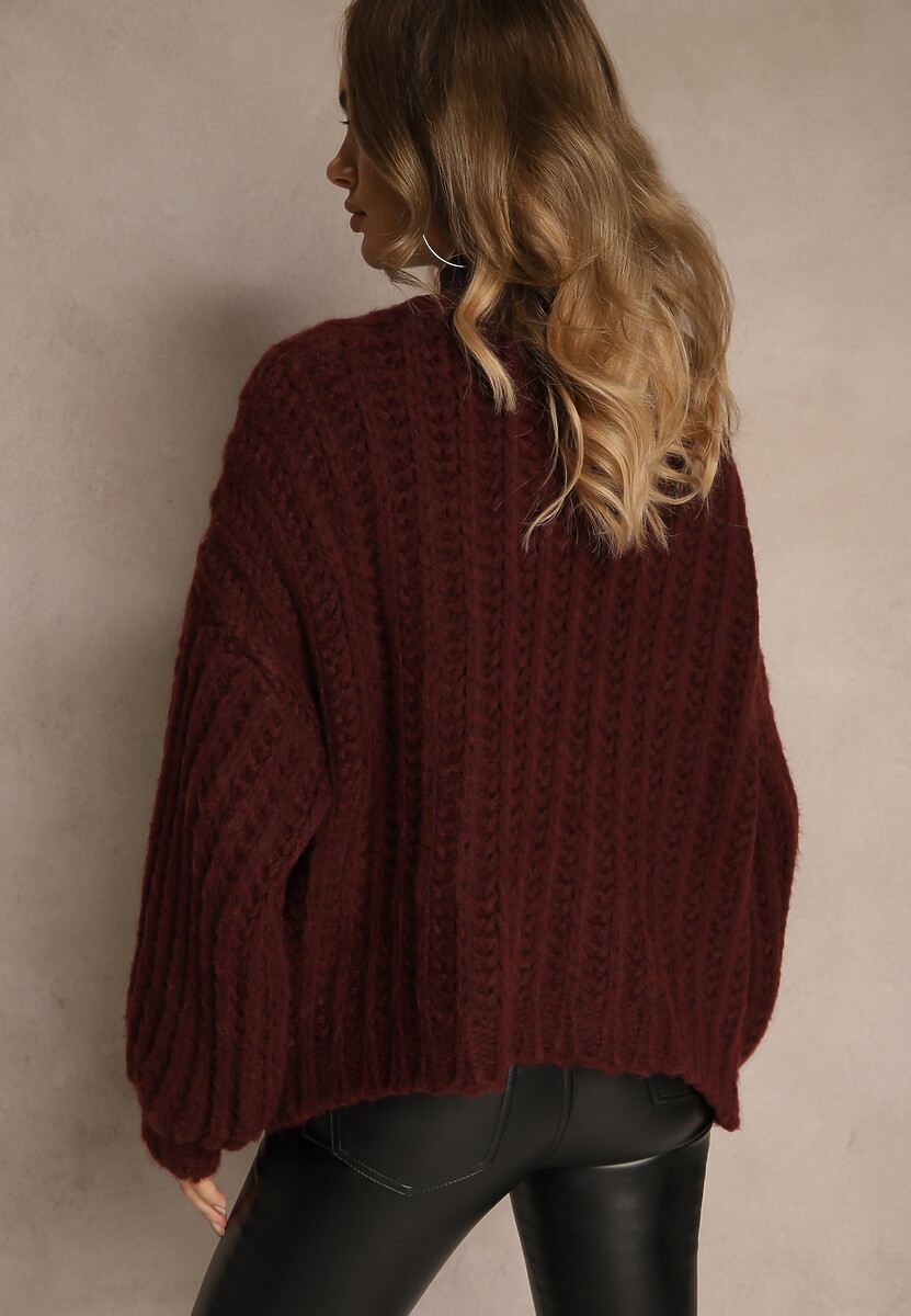 Bordowy Oversizowy Kardigan Bez Zapięć z Dodatkiem Wełny i Wiskozy Titanesa