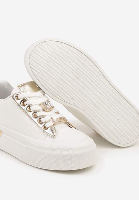 Białe Casualowe Sneakersy na Platformie Ozdobione Cyrkoniami i Metalicznymi Wstawkami Primaria