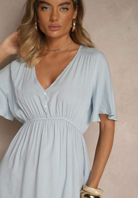 Jasnoniebieska Rozkloszowana Sukienka z Bawełnianej Tkaniny Lirioneae