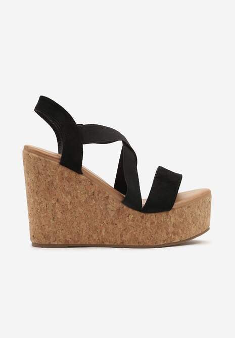Czarne Sandały na Koturnie z Korka Fevalise