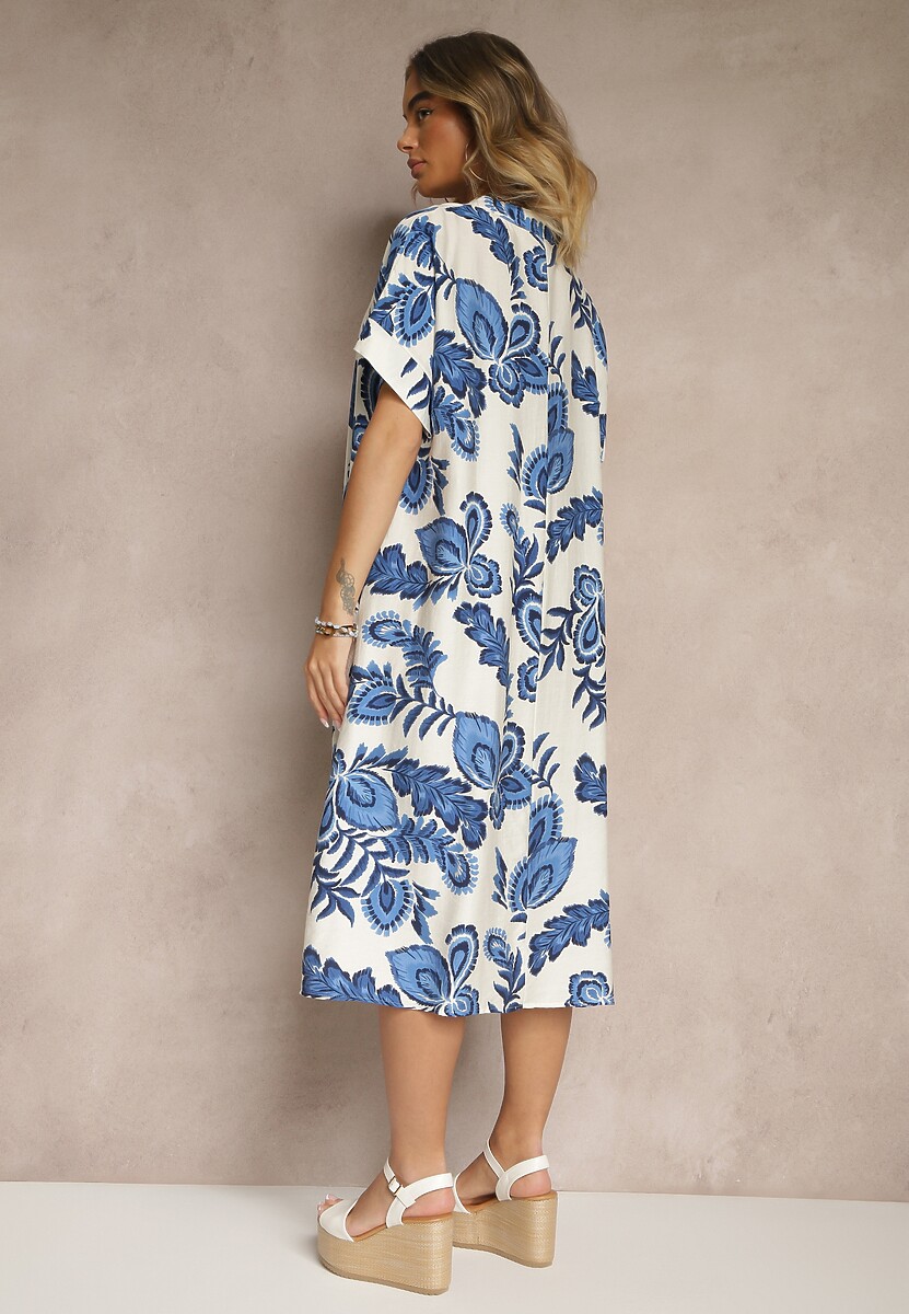 Niebieska Sukienka z Lnem i Wiskozą w Etniczne Kwiaty o Pudełkowym Kroju Natireia